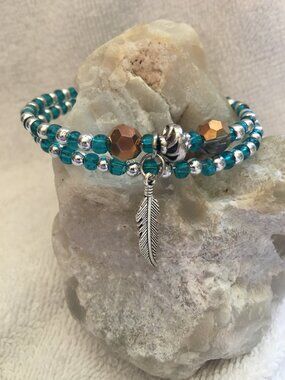 Turquoise & Silver Double Wrap Memory Wire Bracelet w/ Feather Charm